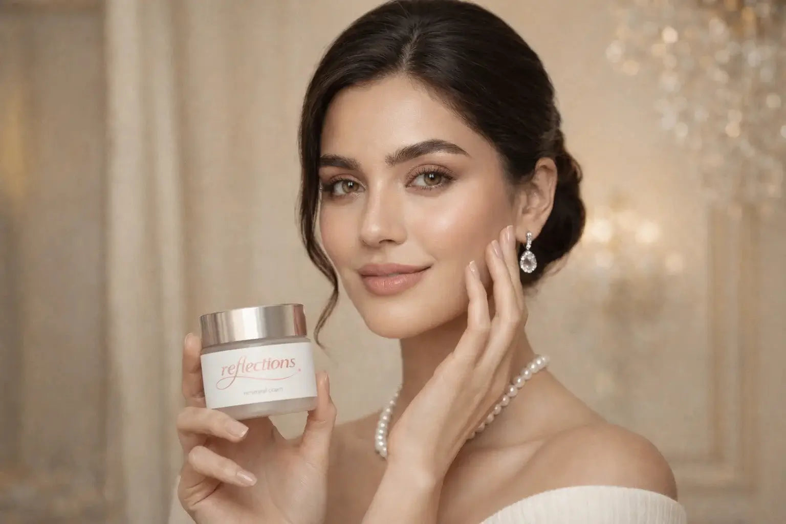 Woman holding a jar of skincare product in an elegant setting.