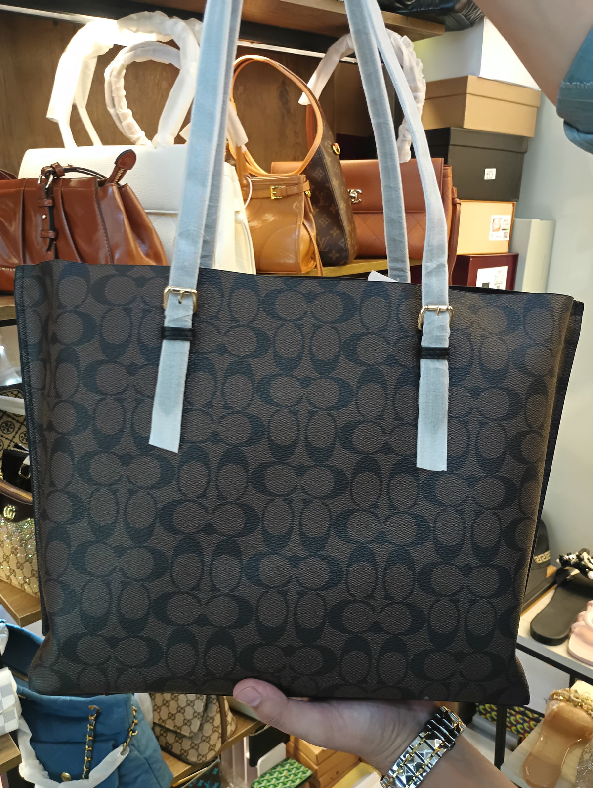 Coach Signature Canvas Tote Bag coffee black with box packaging