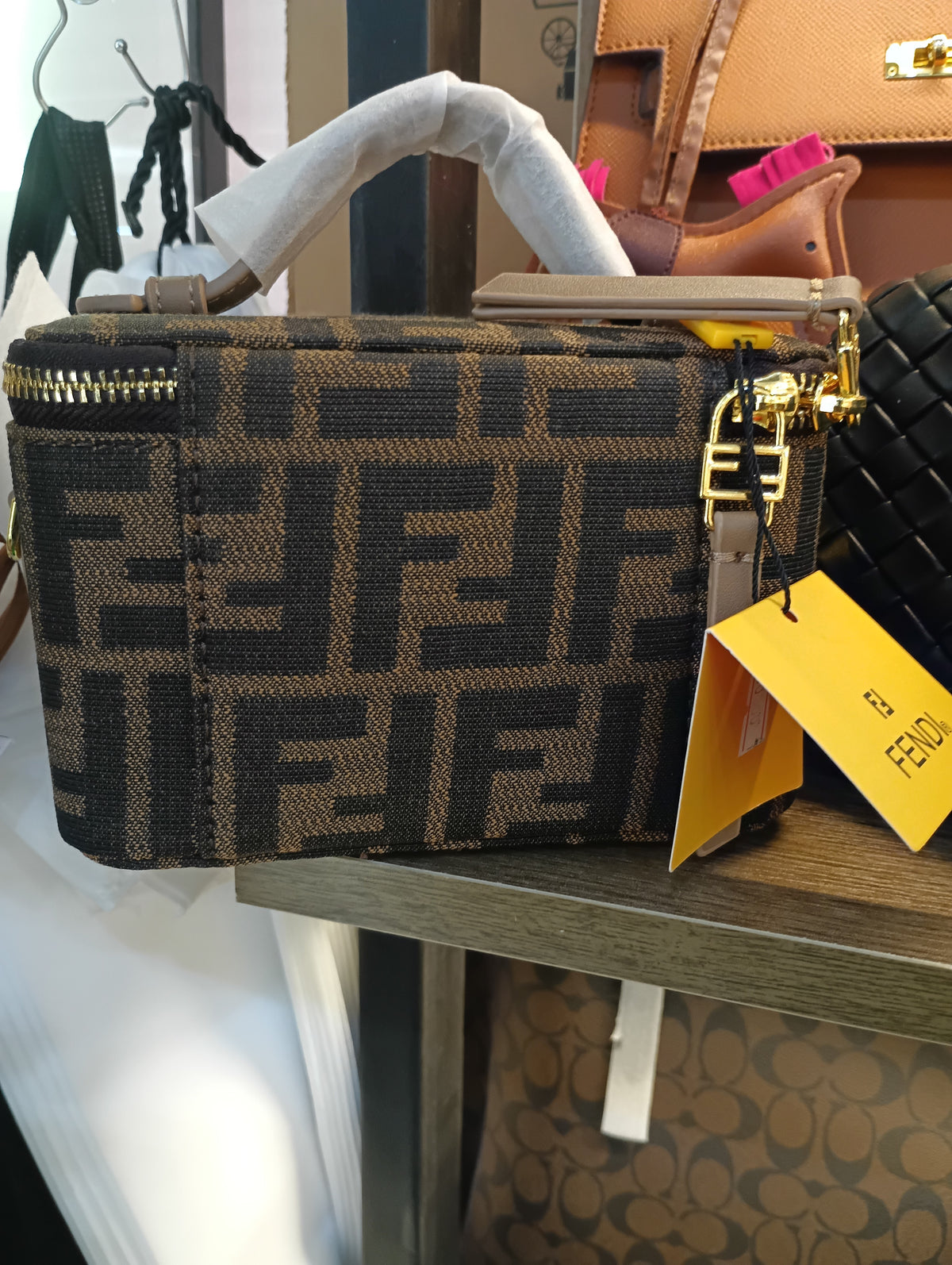FENDI VANITY BAG IN FF JACQUARD FABRIC, TOBACCO BROWN with Box Packaging