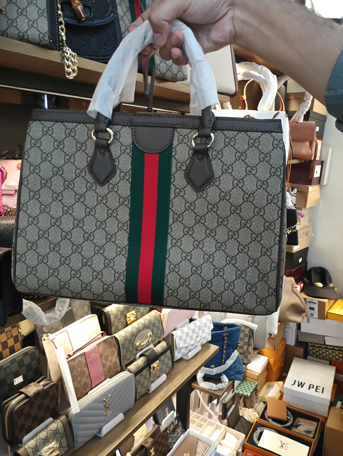GUCCI OPHIDIA MEDIUM TOTE GG HANDLE BAG BROWN WITH BOX PACKAGING