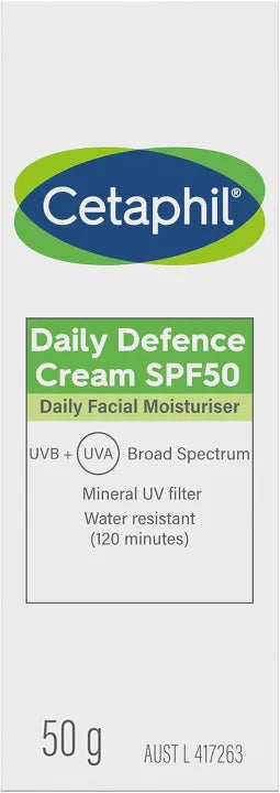Cetaphil Daily Defence Cream SPF 50, Daily Facial Moisturiser with UVB & UVA, Mineral Sunscreen