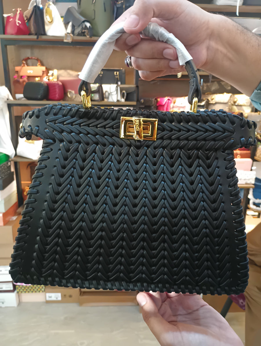 Fendi Vitello King Shiny Nappa Intreccio Petite Peekaboo I SEE U Satchel Tempesta with Box Packaging