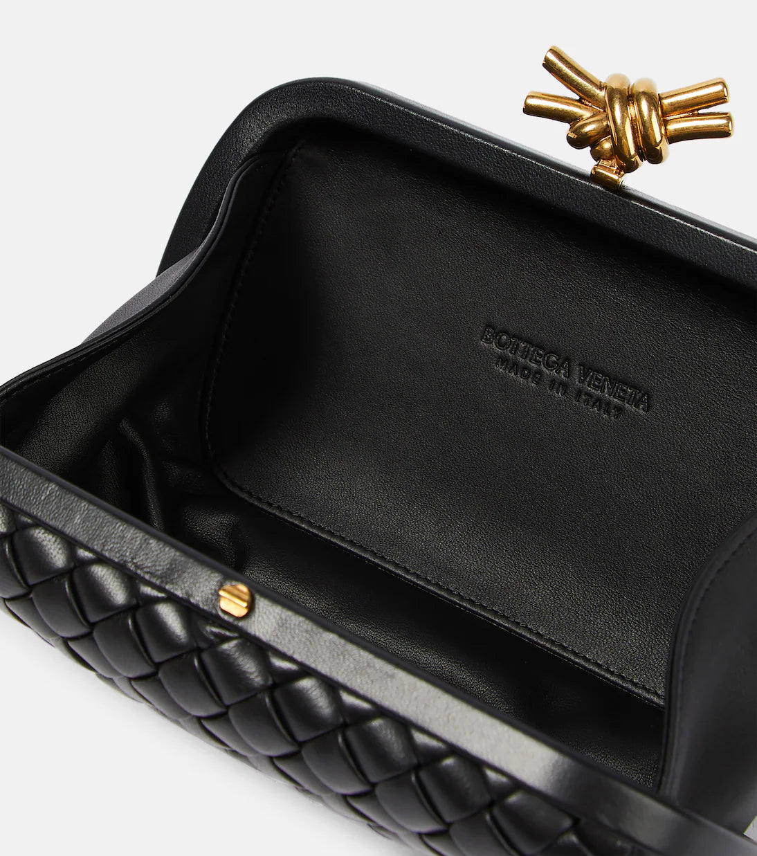Bottega Veneta Knot Intreccio leather clutch with box packaging