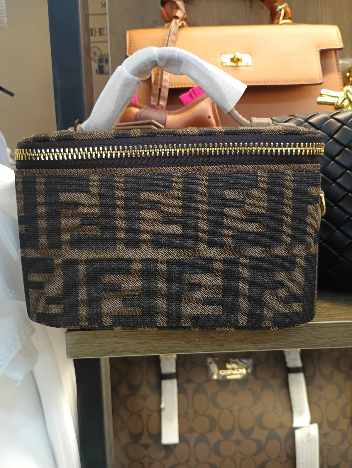 FENDI VANITY BAG IN FF JACQUARD FABRIC, TOBACCO BROWN with Box Packaging