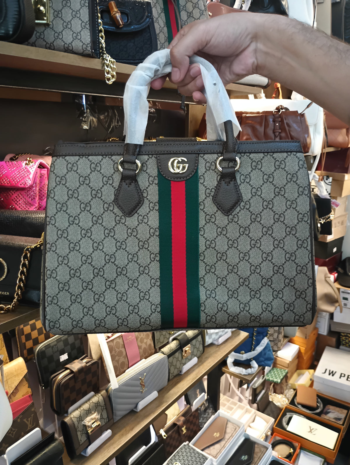 GUCCI OPHIDIA MEDIUM TOTE GG HANDLE BAG BROWN WITH BOX PACKAGING