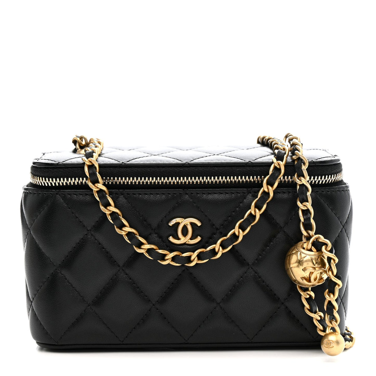 Chanel Lambskin Quilted Pearl Crush Small Vanity Case With Chain Black ( Box Packaging )